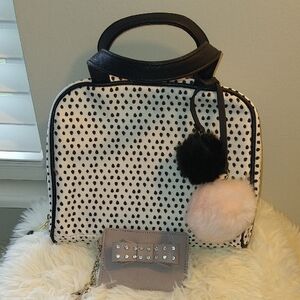 Betsey Johnson Blk & White P Dot Bag with Betsey J Khaki Crd Case Wallet NWOT